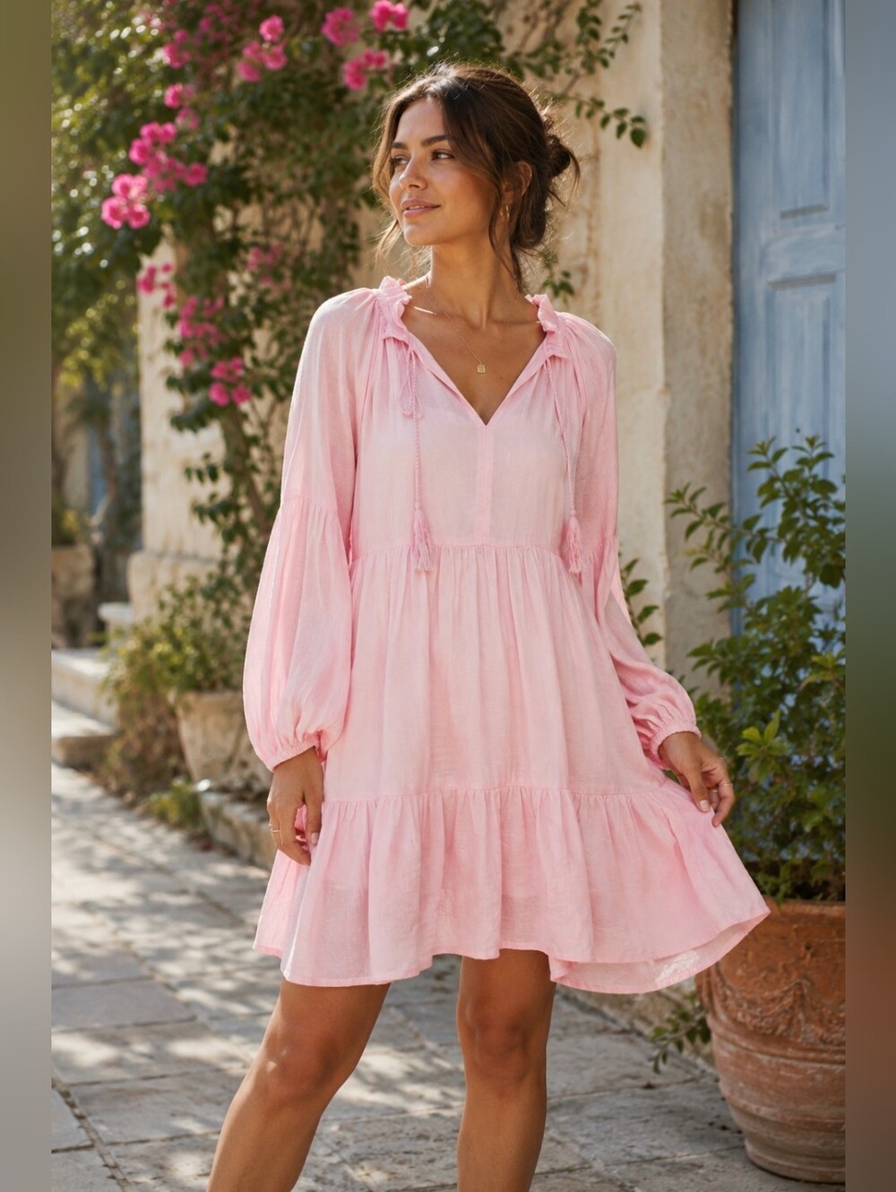 NAUDIC Molly Block Mini Dress in Baby Pink Tiered Boho Cutesy Soft Girlypop L